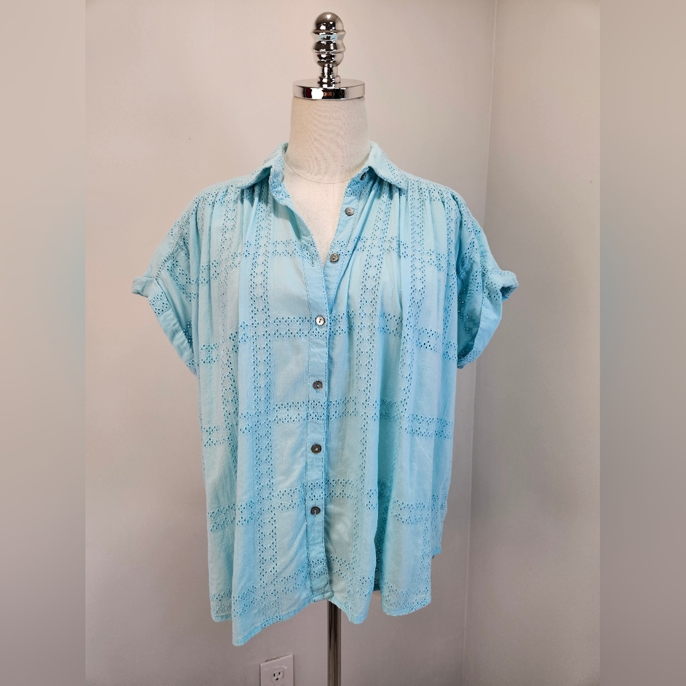 Sundance Womens Eyelet Shirt XSmall Relaxed Fit Cotton Rolled Sleeves‎ Boho